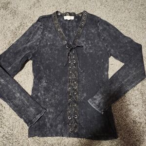RIBBED EYELET LACE UP TOP